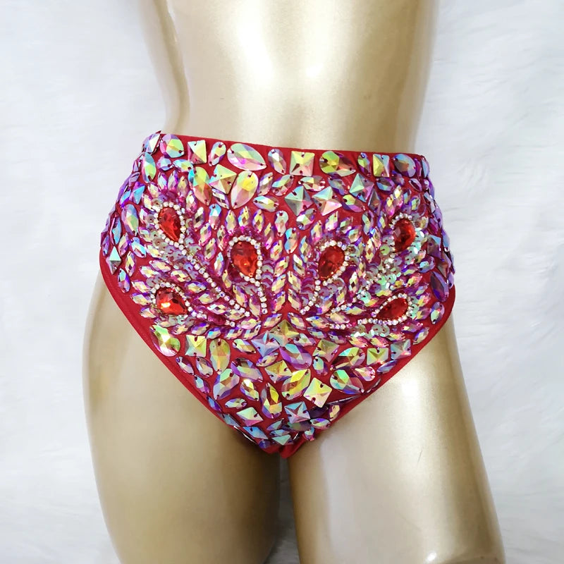 Dance Women's Red Embellished Jewel Sequin Rhinestone Bra Top High Waist Shorts Set, Latin Salsa Samba Carnival Belly Dance