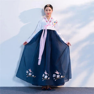 Women's Pink Hanbok Dress with Embroidered Flowers and Birds