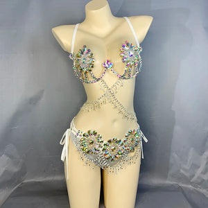 Women's White Iridescent Rhinestone Flower Bra and Bikini Set with Draping Chains, Belly Dance