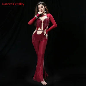 Women's Black Sparkle Halter Neck Fringe Cutout Belly Dance Jumpsuit with Slit Leg