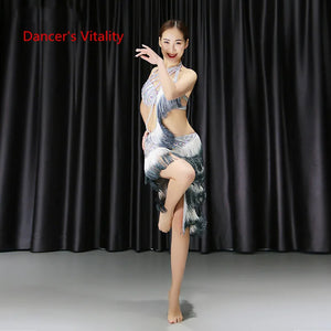 Belly Dance Costume Women's White & Grey Fringe Sequin Asymmetrical Skirt & Bra Top Set for Performance