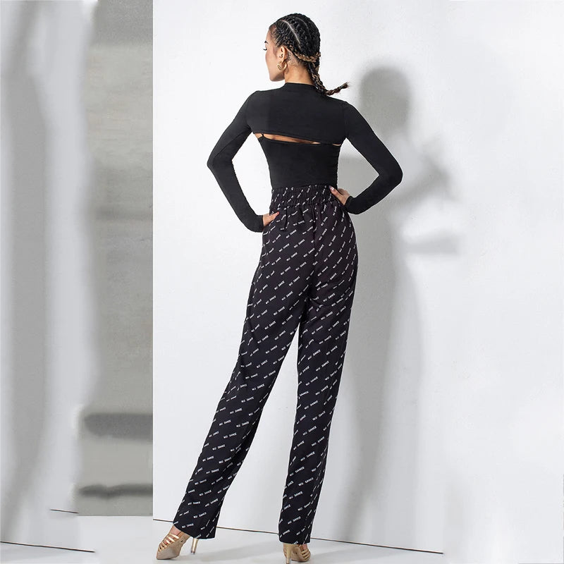 Women's Black Long Sleeve Cutout Crop Top & Black Logo Print High-Waisted Dance Pants Set, Stretch Fabric