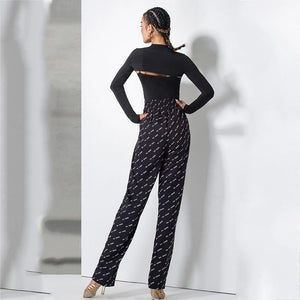 Women's Black Long Sleeve Cutout Crop Top & Black Logo Print High-Waisted Dance Pants Set, Stretch Fabric