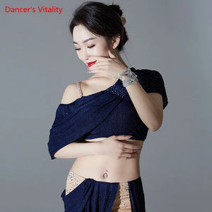 Belly Dance Costume Women's Navy Blue Sparkle Off-Shoulder Top and Skirt Set with Rhinestone Heart Belt