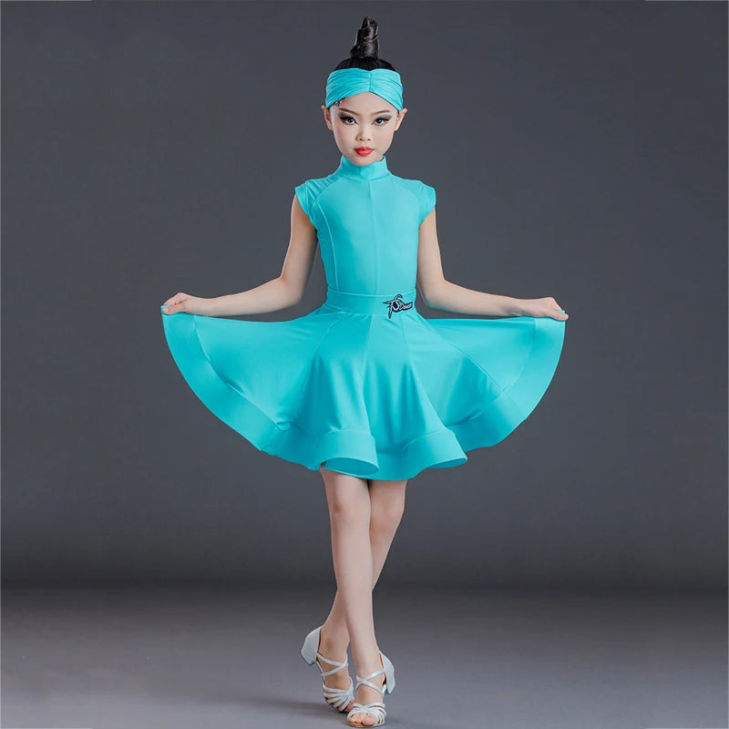 Girls' Aqua Latin Dance Dress with Headband, Short Sleeve, Ballroom Rumba Cha Cha Samba