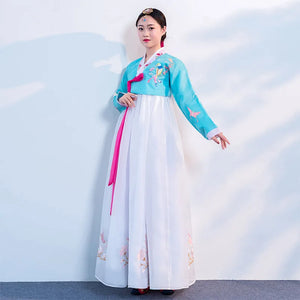 Women's Pink Hanbok Dress with Embroidered Flowers and Birds