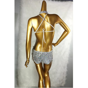 Women's Silver Sequin Fringe Halter Neck Bodysuit Dance Leotard - Latin, Salsa, Ballroom