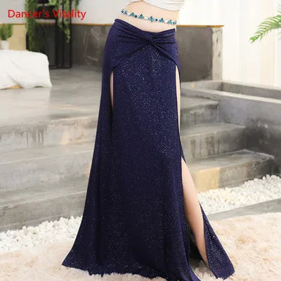 Women's Light Blue Crop Top & Navy Sequin Slit Skirt Belly Dance Costume