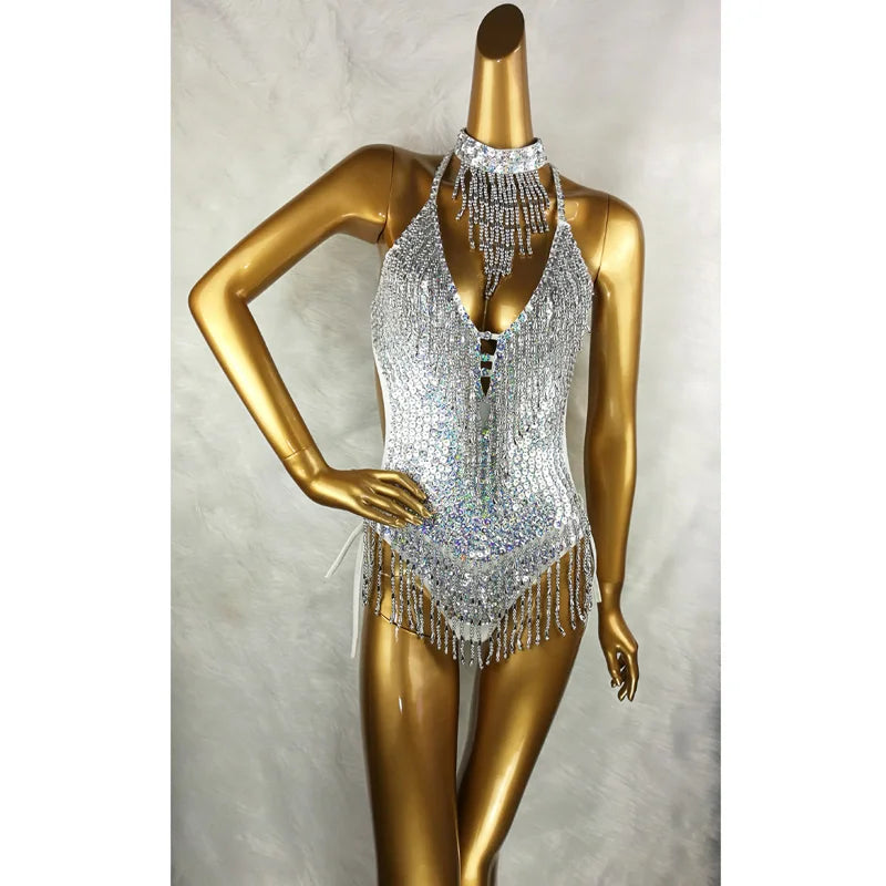 Women's Silver Sequin Fringe Halter Neck Bodysuit Dance Leotard - Latin, Salsa, Ballroom