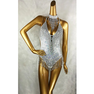 Women's Silver Sequin Fringe Halter Neck Bodysuit Dance Leotard - Latin, Salsa, Ballroom