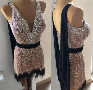 Women's Nude & Black Crystal Beaded Fringe Latin Salsa Dance Dress with Drape