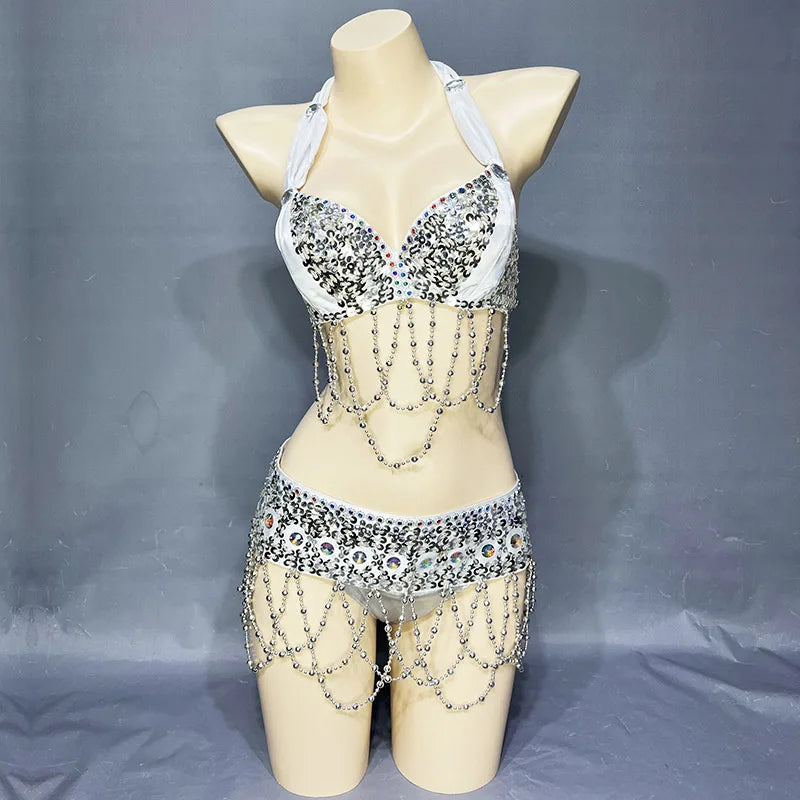 Belly Dance Costume Women's Gold Sequin Beaded Halter Bra and Hip Scarf Set with Chain Fringe