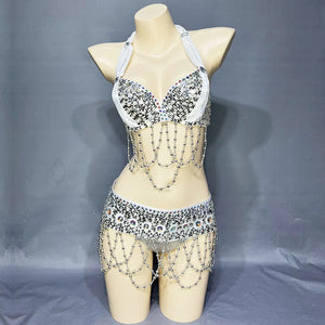 Belly Dance Costume Women's Gold Sequin Beaded Halter Bra and Hip Scarf Set with Chain Fringe