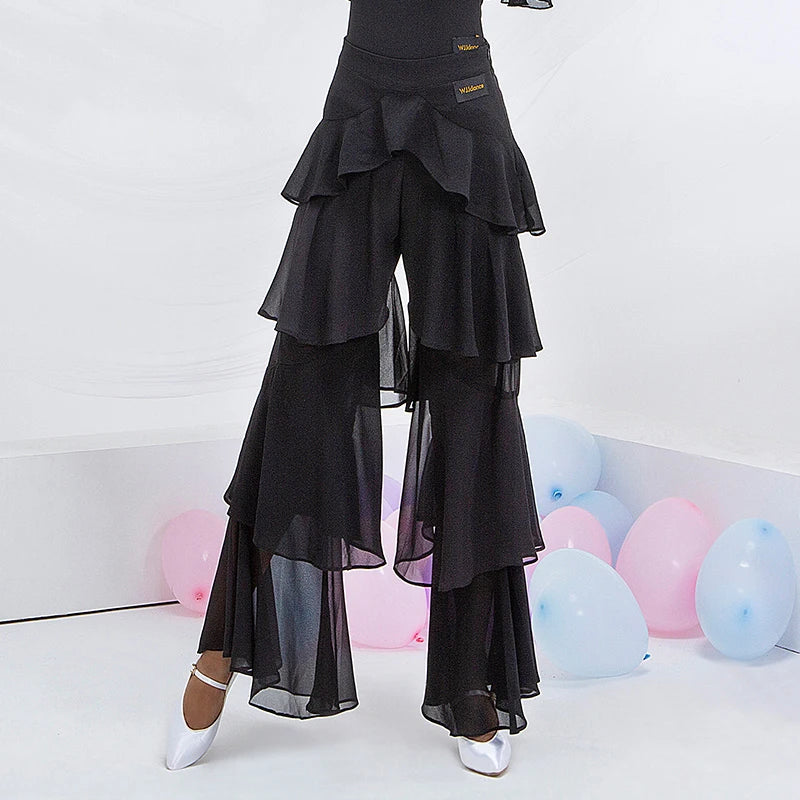Women's Black Tiered Chiffon Latin Dance Pants