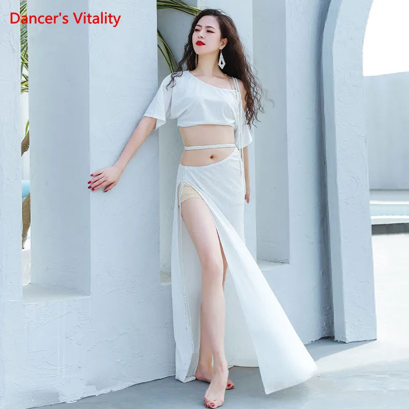 Belly Dance Women's Purple Shimmer Crop Top and High Slit Maxi Skirt Set, Sequin Trim, Performance Costume