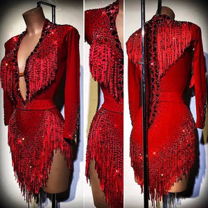 Women's Red Rhinestone Fringe Latin Salsa Dance Dress with Long Sleeves