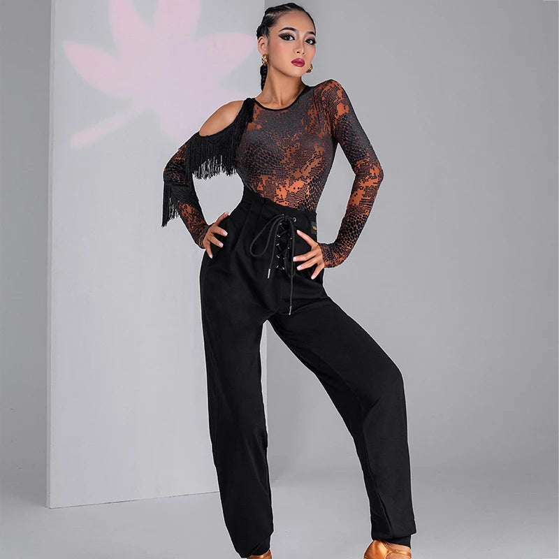 Women's Black & Orange Snake Print Long Sleeve Bodysuit with Fringe, Latin Dance