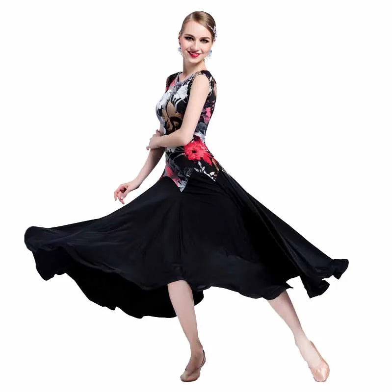 Women's Ballroom Practice Dress With Floating Hem And Printed Pattern For Adults