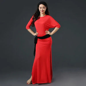 Belly Dance Dress Women's Black & Pink Long Sleeve Side Slit Baladi Saidi Folkloric Dress with Headband and Hip Scarf