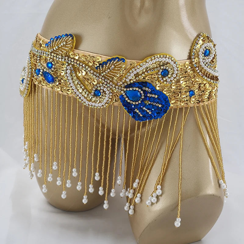Belly Dance Costume Women Gold Sequin Embroidered Red Gemstone Bra and Belt Set with Beaded Fringe