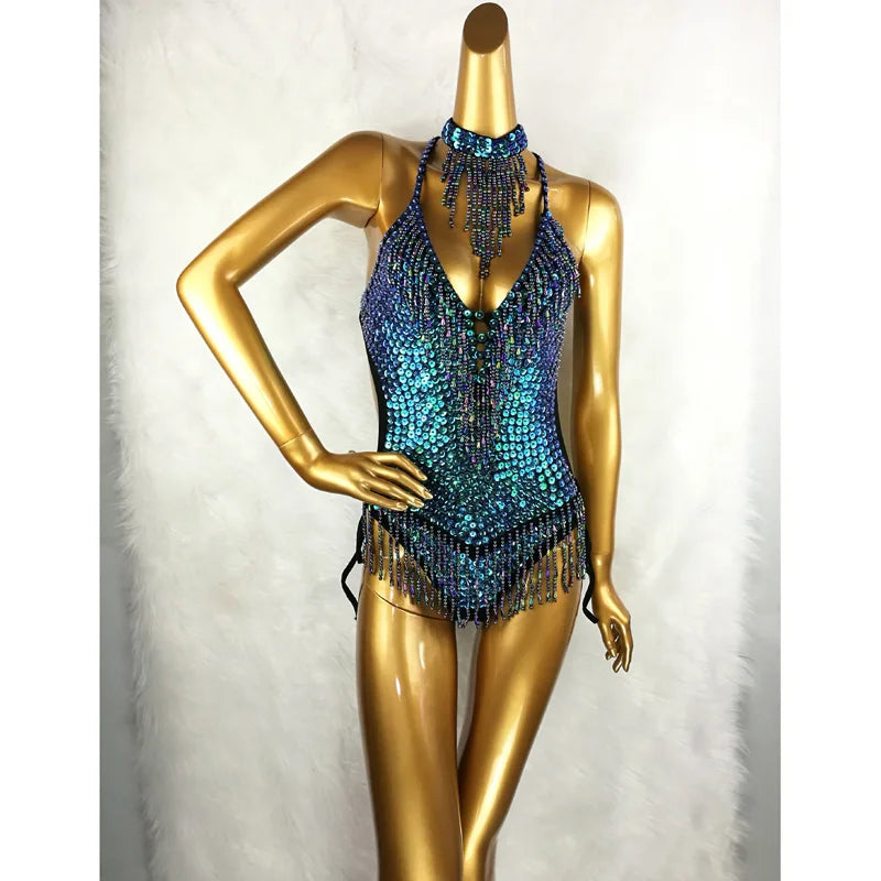 Belly Dance Leotard, Women's, Blue Sequin & Beaded Fringe Halter Neck, Belly Dance