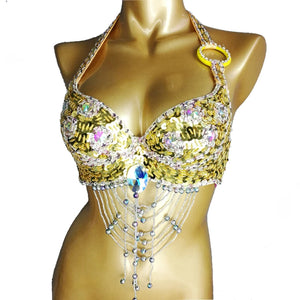 Belly Dance Halter Top, Women's Teal Sequin & Beaded Crystal Bra with Dangles, Performance Costume