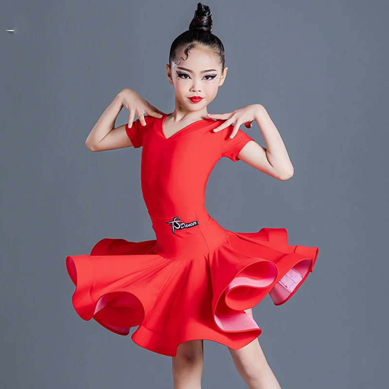 Girls Latin Dance Dress, Yellow, Blue, Red, Purple V-Neck Short Sleeve Ruffled Skirt, Performance Ballroom Dancewear