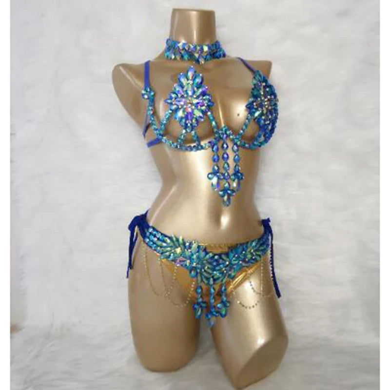 Dance Costume Women's Blue & Gold Bejeweled Rhinestone Bra & Skirt Set for Belly Dance
