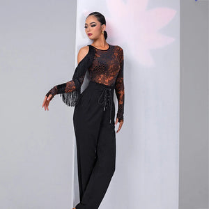 Women's Black & Orange Snake Print Long Sleeve Bodysuit with Fringe, Latin Dance