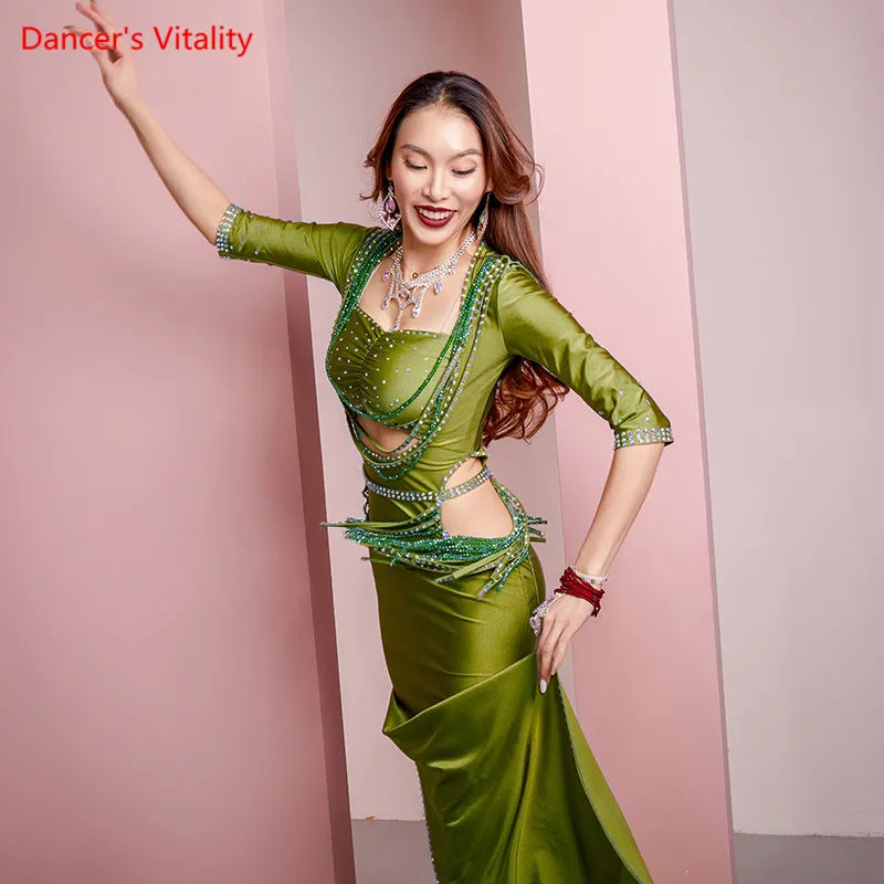 Women's Belly Dance Costume 3-Piece Set With Rhinestone Headband, Top And Long Tassel Skirt For Performance