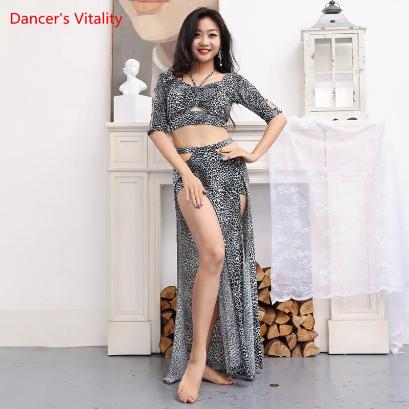Belly Dance Costume Women's Leopard Print Halter Crop Top and High Slit Skirt Set, Chiffon Tribal Dancewear