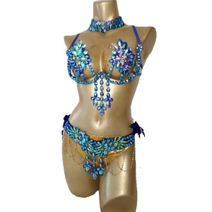 Dance Costume Women's Blue & Gold Bejeweled Rhinestone Bra & Skirt Set for Belly Dance