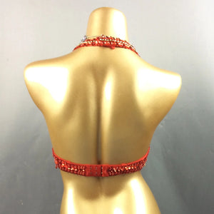 Belly Dance Bra Top Women's Fuchsia Beaded Sequin Halter Neck with Draped Chains and Rhinestones