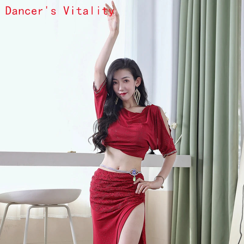 Belly Dance Costume Women's White Chiffon Crop Top and High Slit Skirt Set with Beaded Hip Scarf for Performance