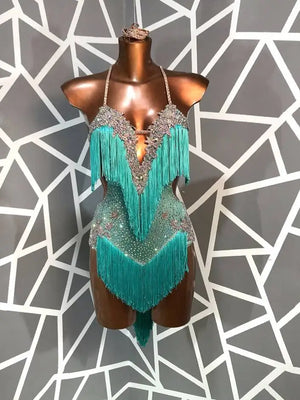 Women's Nude & Black Crystal Beaded Fringe Latin Salsa Dance Dress with Drape
