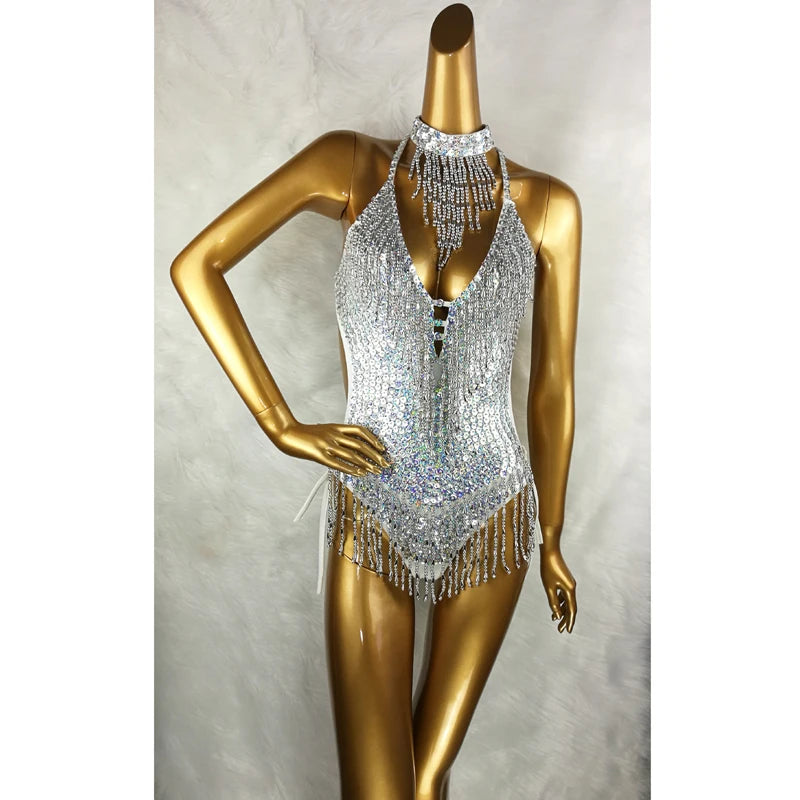 Women's Silver Sequin Fringe Halter Neck Bodysuit Dance Leotard - Latin, Salsa, Ballroom