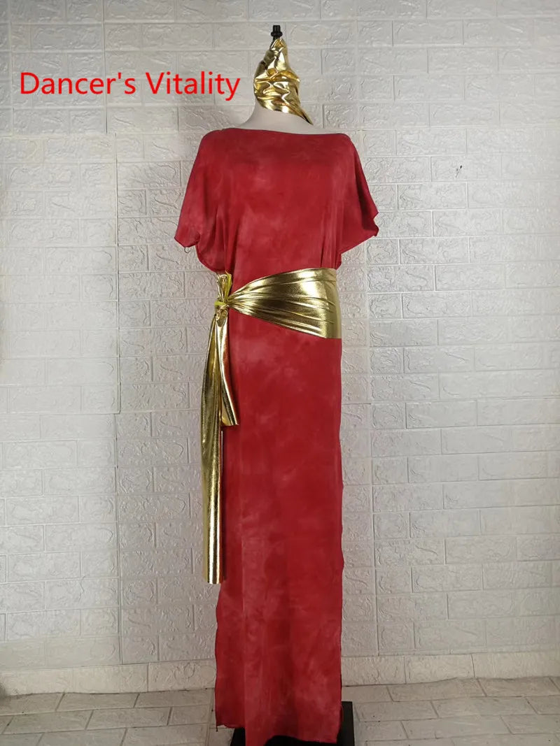 Belly Dance Costume, Women's Leopard Print Gold Belt Kaftan Dress, Tribal Dance