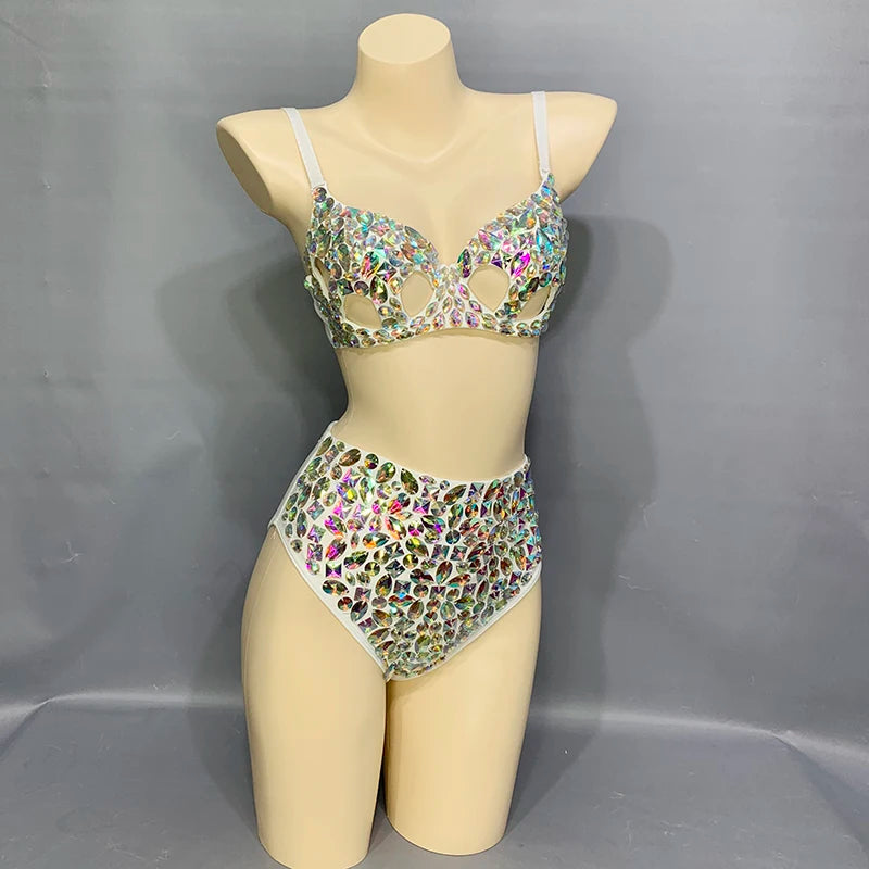 New Samba Carnival Bikini Set Bra High Waist Panty Crystal Silver Stone Hand Made 2 Piece Dance Clothes Belly Dance Costume Wear N21010
