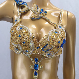 Belly Dance Costume Women Gold Sequin Embroidered Red Gemstone Bra and Belt Set with Beaded Fringe