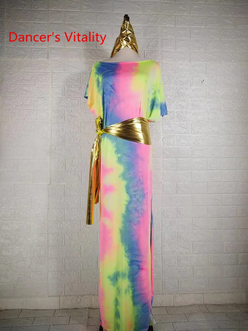 Belly Dance Costume, Women's Leopard Print Gold Belt Kaftan Dress, Tribal Dance