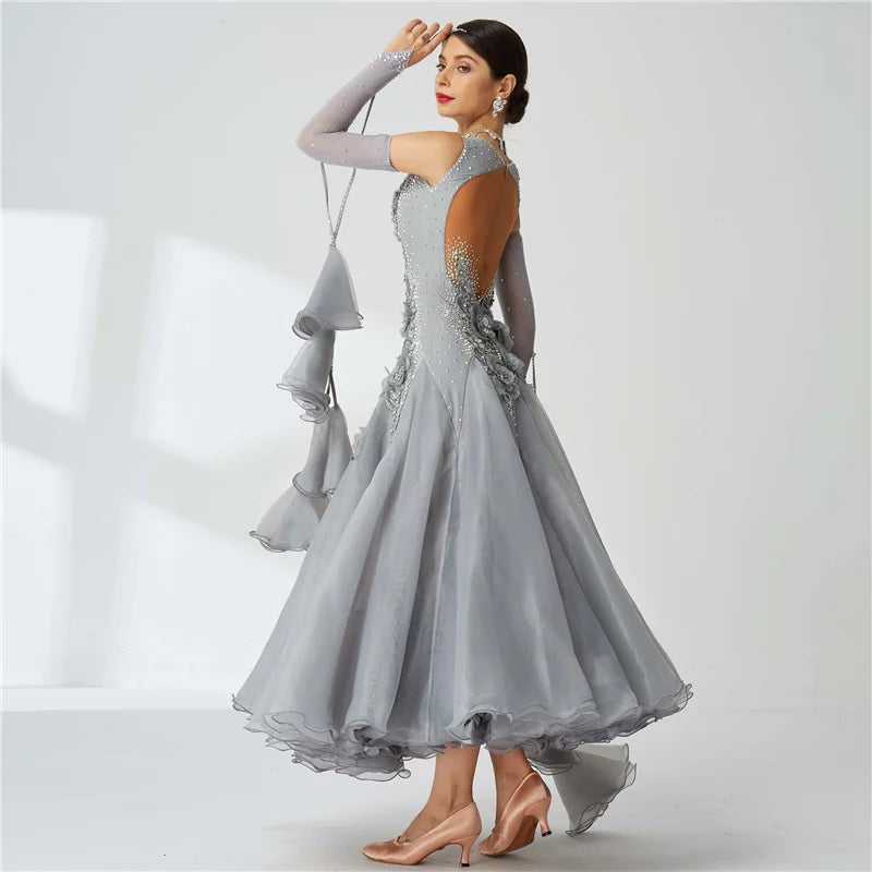 Women's Ballroom Smooth Waltz Tango Dress Gray For Competition