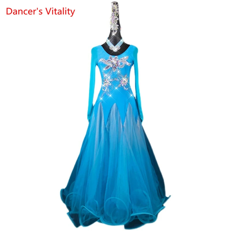 Ballroom Dance Dress Women's Blue Rhinestone Mesh Long Sleeve Tulle Gown Standard Dance