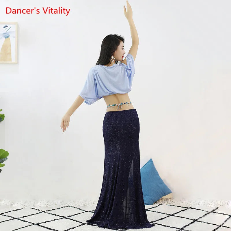 Women's Light Blue Crop Top & Navy Sequin Slit Skirt Belly Dance Costume