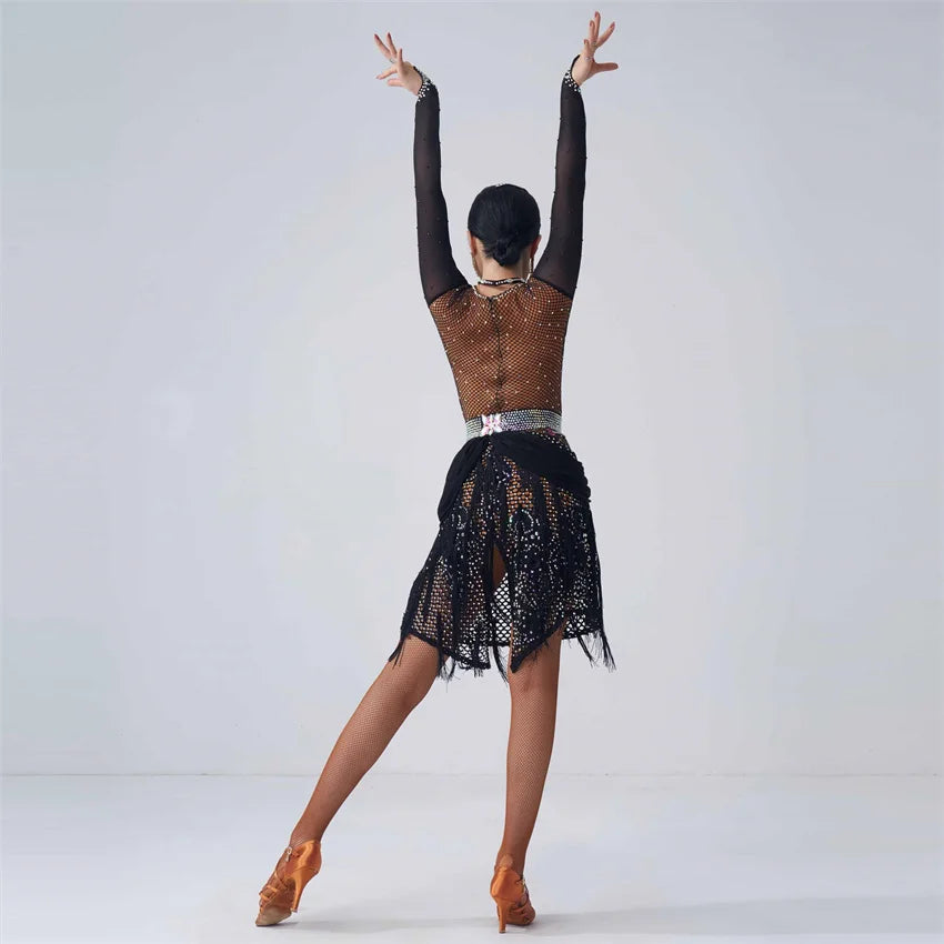 Women's Latin Ballroom Dance Dress With Ruffle Skirt For Competition