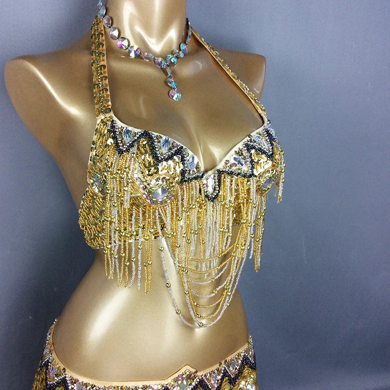 Belly Dance Costume Women Gold Sequin Beaded Fringe Halter Top and Belt Set with Rhinestone Necklace