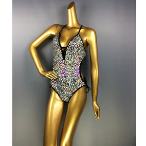 Bodysuit Women's Iridescent Sequin Rhinestone Halter V-Neck Side Tie Leotard, Stage Performance Dancewear