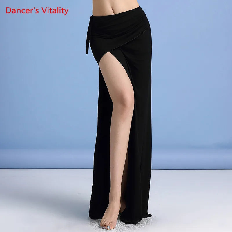 Belly Dance Skirt, Women's, Burgundy, High Slit Tie-Waist Ruched Maxi Skirt, Belly Dance