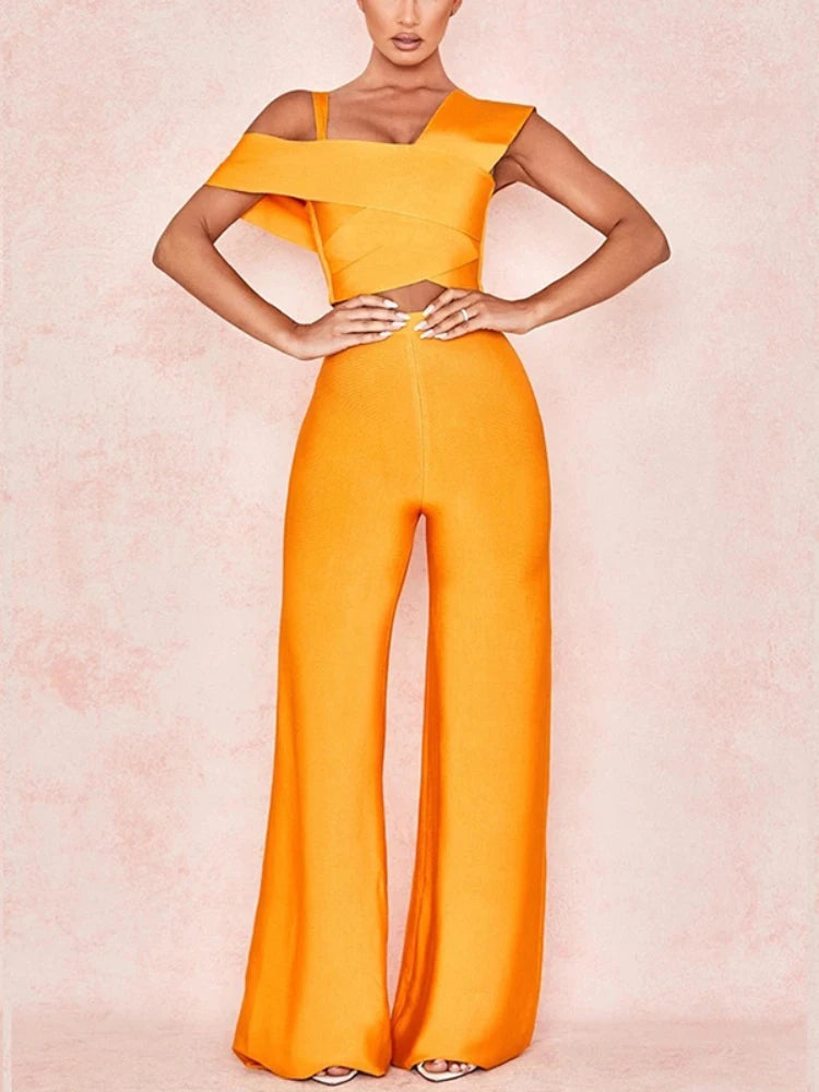 Women's Orange One-Shoulder Bodycon Jumpsuit with Bandage Design and Flared Legs