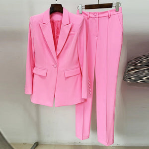 Pink Blazer and Pants Suit Set for Women, Stylish Slim Fit Spring Autumn Fashion Outfit