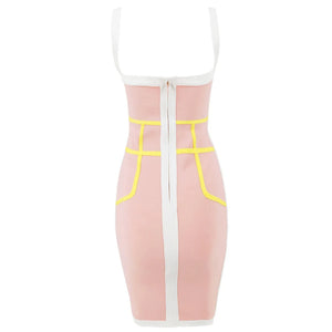 Colorblock Pink and White Bandage Mini Dress with Spaghetti Straps and Cold Shoulder Details